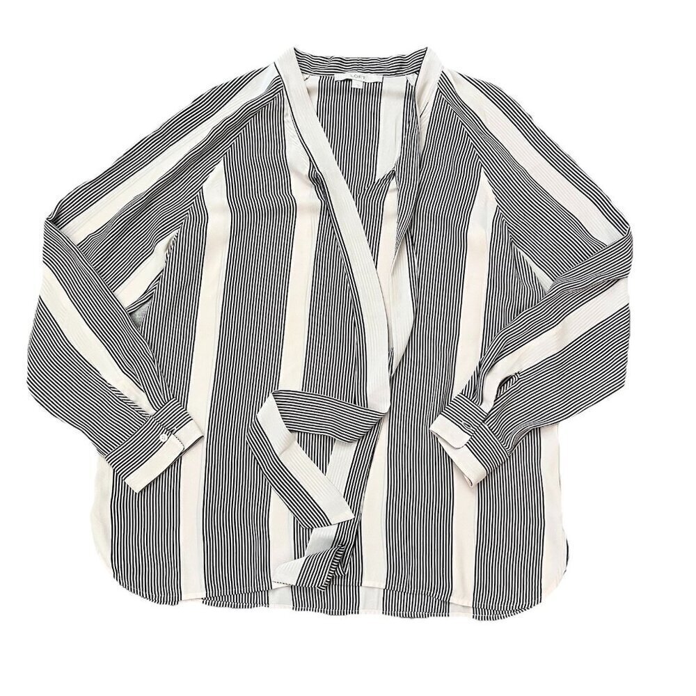 LOFT Women's Tie Neck Blouse Long Sleeve Cream Black Stripes Size Large Career - Picture 2 of 7